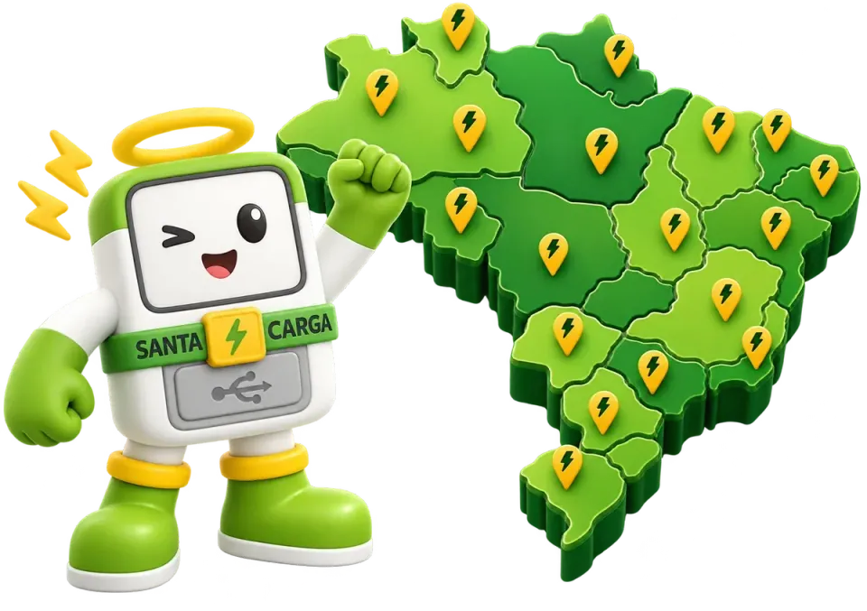 Mapa do Brasil com os pontos da Santa Carga e o mascote Toti